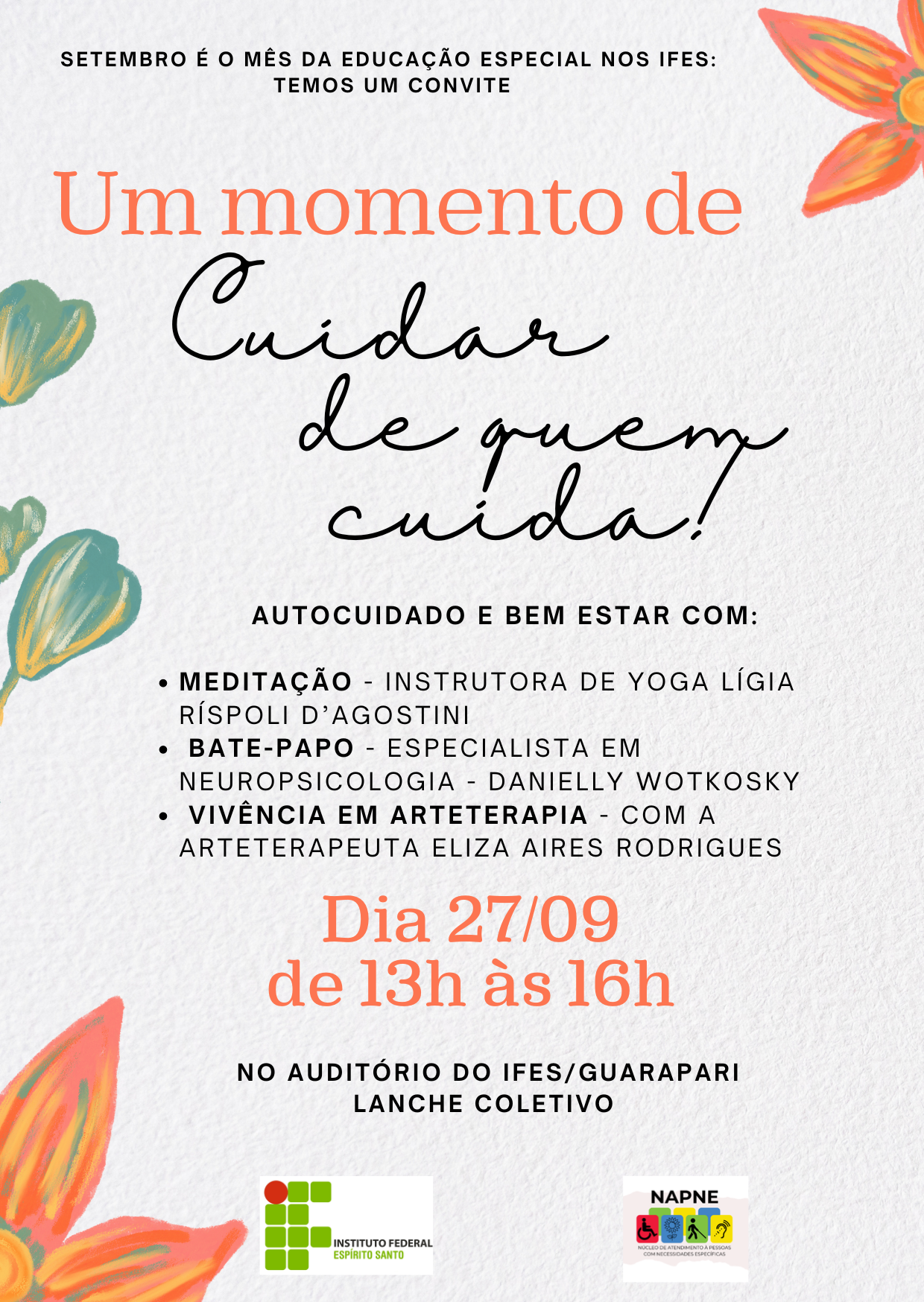 Cartaz apresenta informações sobre momentos de cuidado e conversa com pais e responsáveis de alunos atendidos pelo Napne.